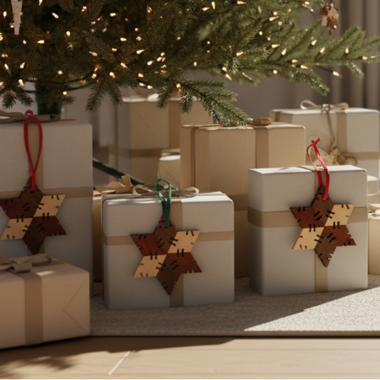 Gift boxes under a decorated Christmas tree presents  & wood snowflake gift tags. 