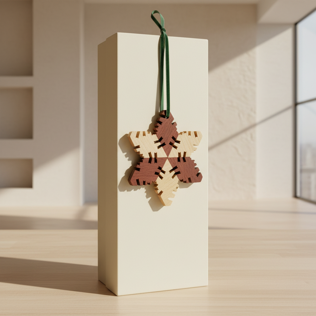 Wooden snowflake ornaments with ribbon on a xmas present bottle of wine