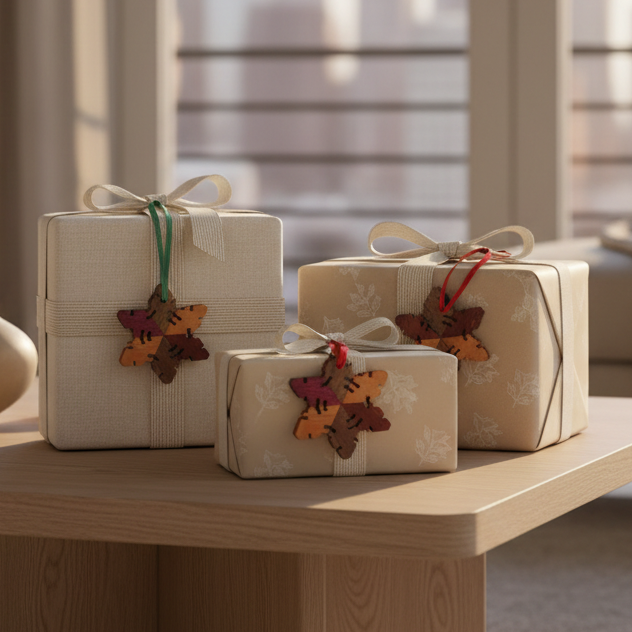 Wooden snowflake  ornaments with ribbons as gift tags on presents