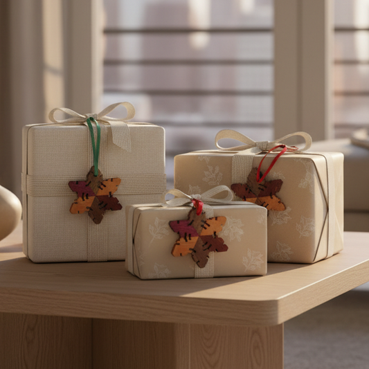Wooden snowflake  ornaments with ribbons as gift tags on presents