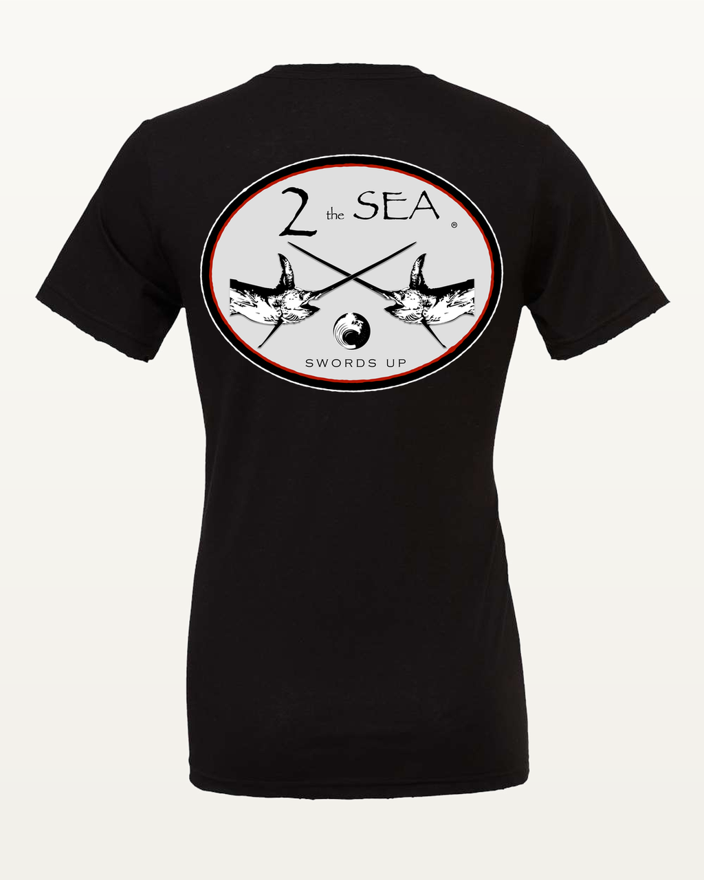 Studio back view of The Crossing Black 2theSEA T-shirt featuring the large crossed-swordfish graphic centered on the back.