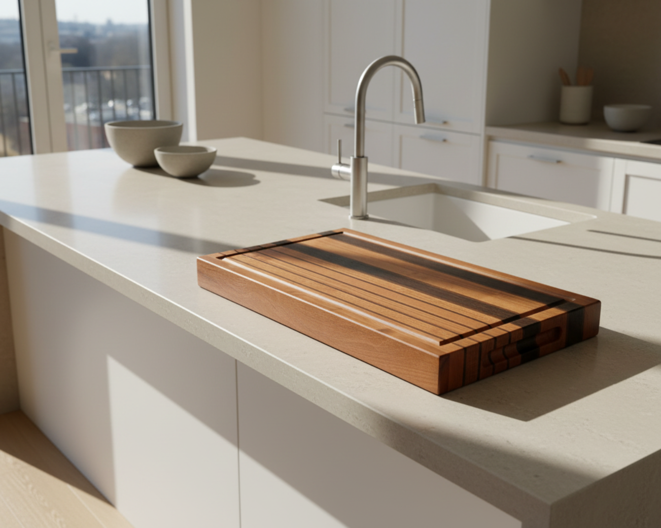 Wooden cutting board on center island  