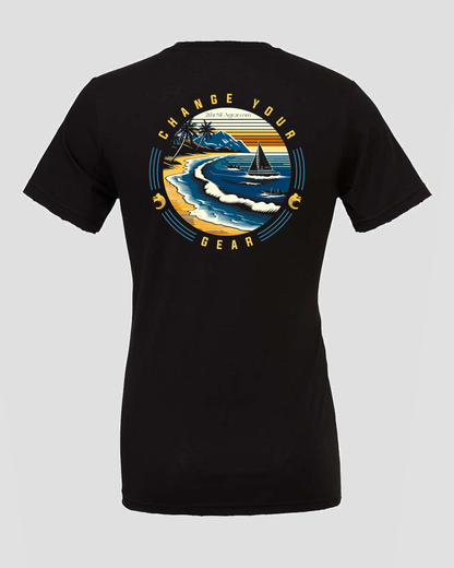 Studio back view of The Passage Black 2theSEA T-shirt featuring the large shoreline, sailboat and wave graphic centered on the back.