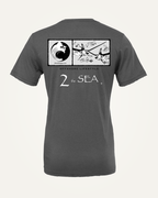 Studio back view of the Bluewater Asphalt Gray 2theSEA T-shirt featuring the large offshore rectangular panel graphic centered on the back.