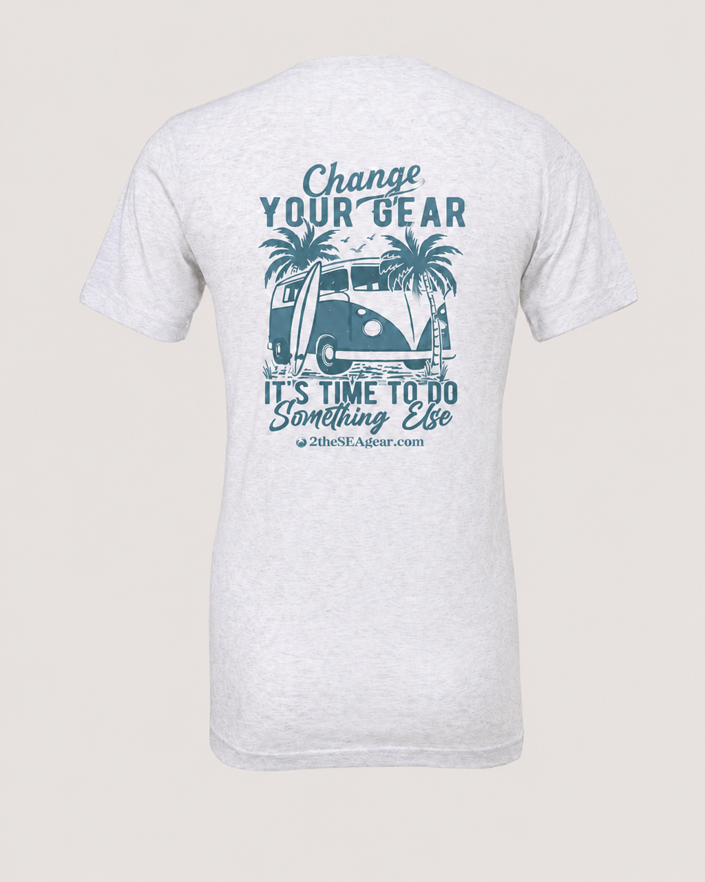Studio back view of the Change of Course Ash 2theSEA T-shirt featuring the large Change Your Gear van and palm graphic centered on the back.