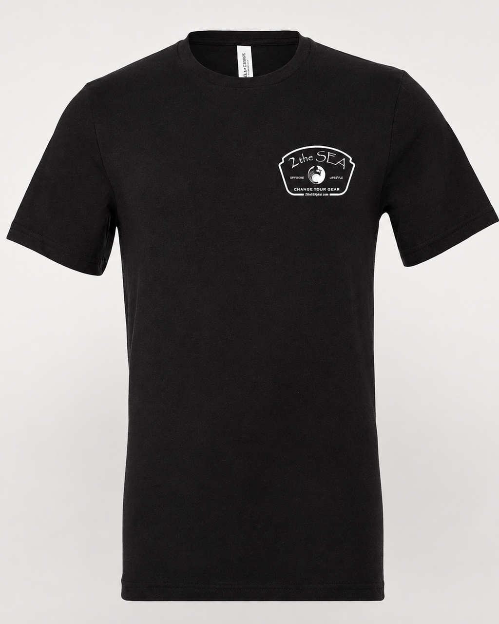 Studio front view of The Mark dark grey 2theSEA T-shirt featuring the light Change Your Gear badge graphic on the left chest.