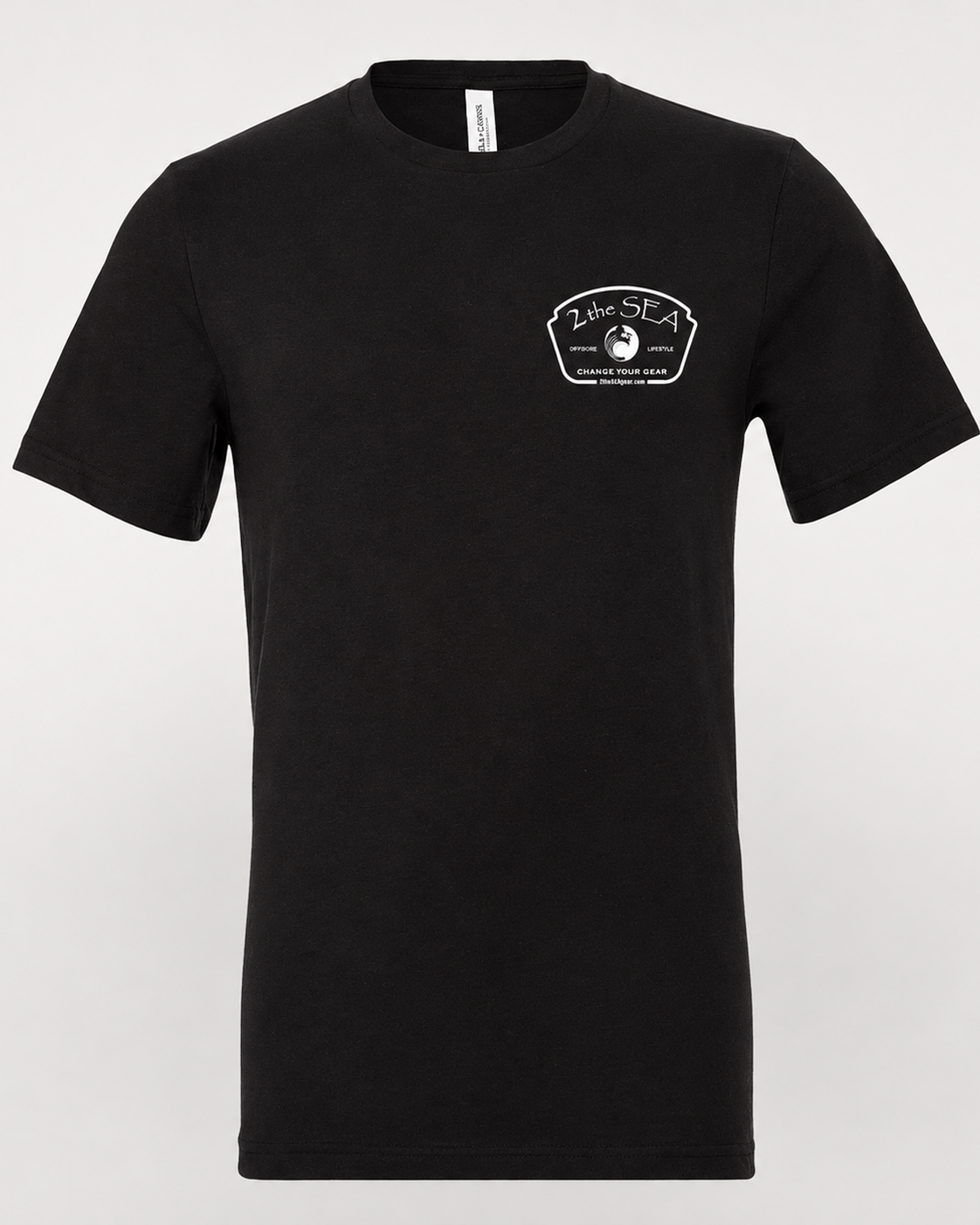 Studio front view of The Mark dark grey 2theSEA T-shirt featuring the light Change Your Gear badge graphic on the left chest.