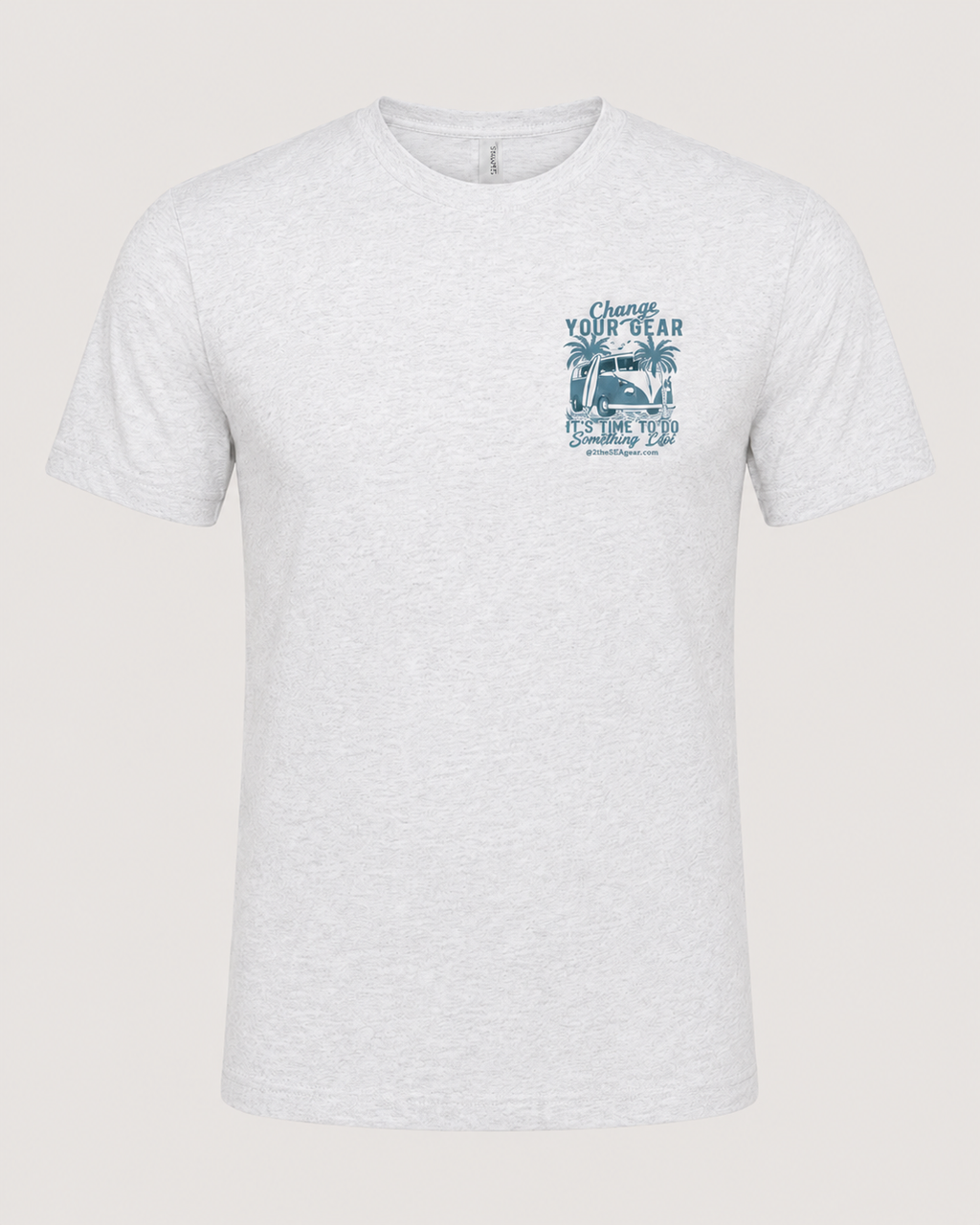Studio front view of the Change of Course Ash 2theSEA T-shirt featuring the Change Your Gear van and palm graphic on the left chest.