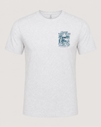 Studio front view of the Change of Course Ash 2theSEA T-shirt featuring the Change Your Gear van and palm graphic on the left chest.