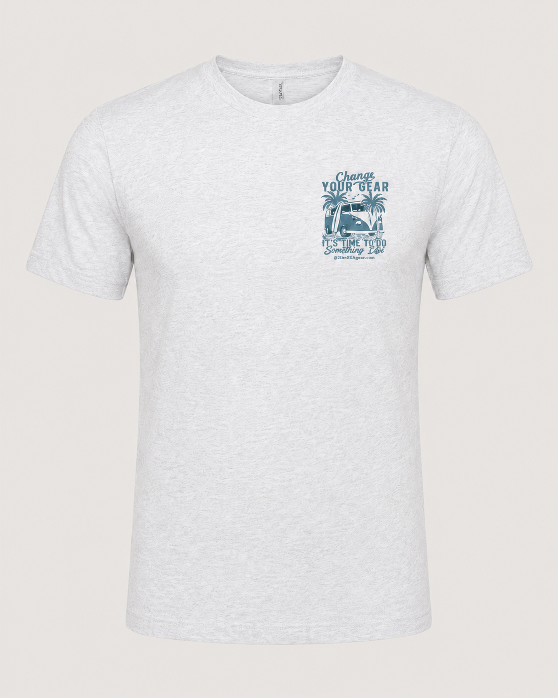 Studio front view of the Change of Course Ash 2theSEA T-shirt featuring the Change Your Gear van and palm graphic on the left chest.
