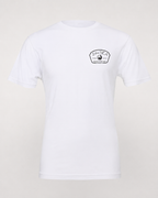 Studio front view of The Mark white 2theSEA T-shirt with the black Change Your Gear badge graphic on the left chest.