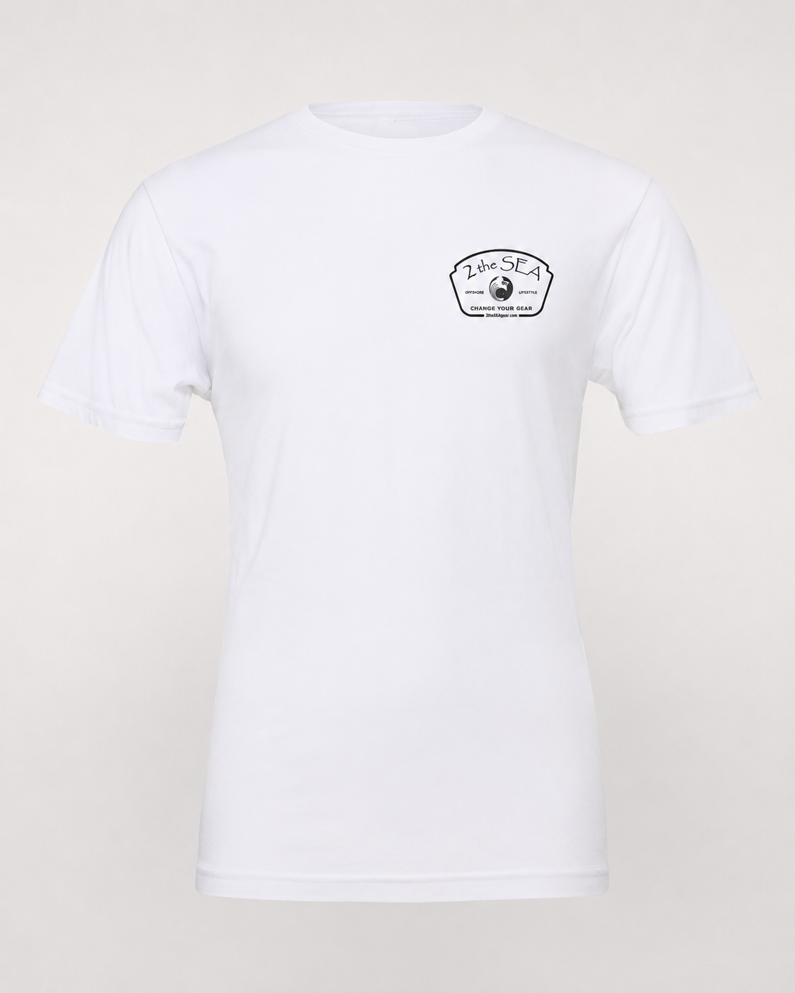 Studio front view of The Mark white 2theSEA T-shirt with the black Change Your Gear badge graphic on the left chest.