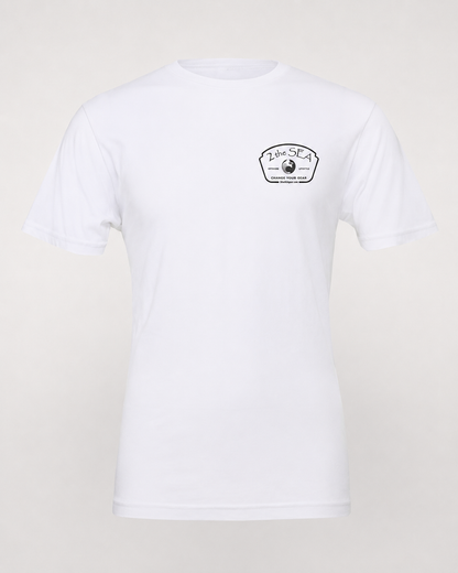 Studio front view of The Mark white 2theSEA T-shirt with the black Change Your Gear badge graphic on the left chest.