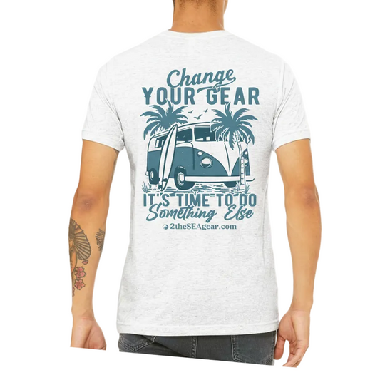 Back view of 2theSEA VIBE T-Shirt in Ash featuring the Change Your Gear coastal van and palm tree graphic